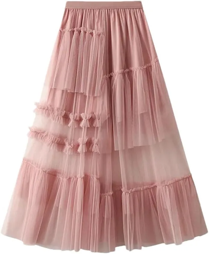 Women's Vintage Casual Midi Skirt Elastic High Waist Layered Pleate Mesh Flowy A-Line Party Skirts