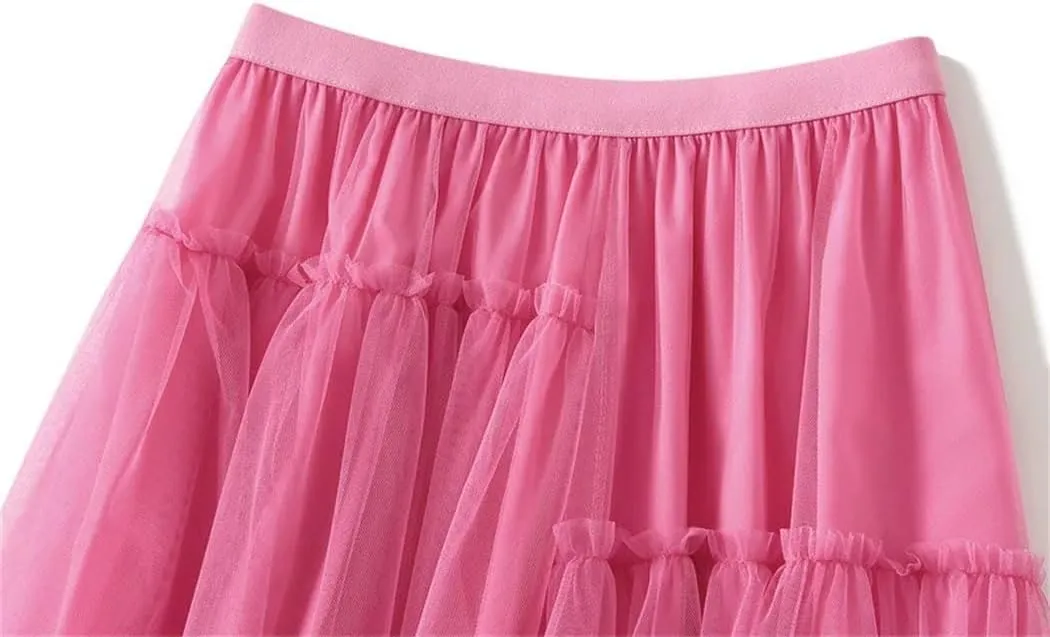Women's Vintage Casual Midi Skirt Elastic High Waist Layered Pleate Mesh Flowy A-Line Party Skirts
