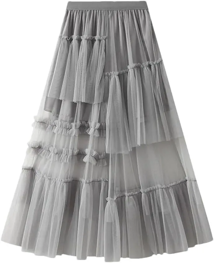 Women's Vintage Casual Midi Skirt Elastic High Waist Layered Pleate Mesh Flowy A-Line Party Skirts