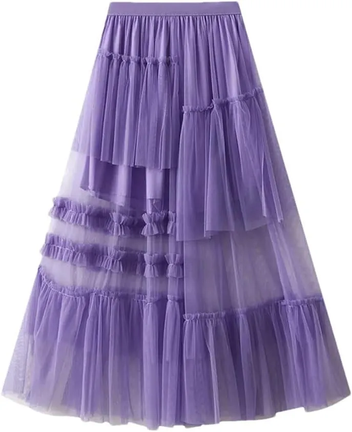 Women's Vintage Casual Midi Skirt Elastic High Waist Layered Pleate Mesh Flowy A-Line Party Skirts