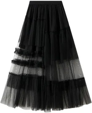 Women's Vintage Casual Midi Skirt Elastic High Waist Layered Pleate Mesh Flowy A-Line Party Skirts