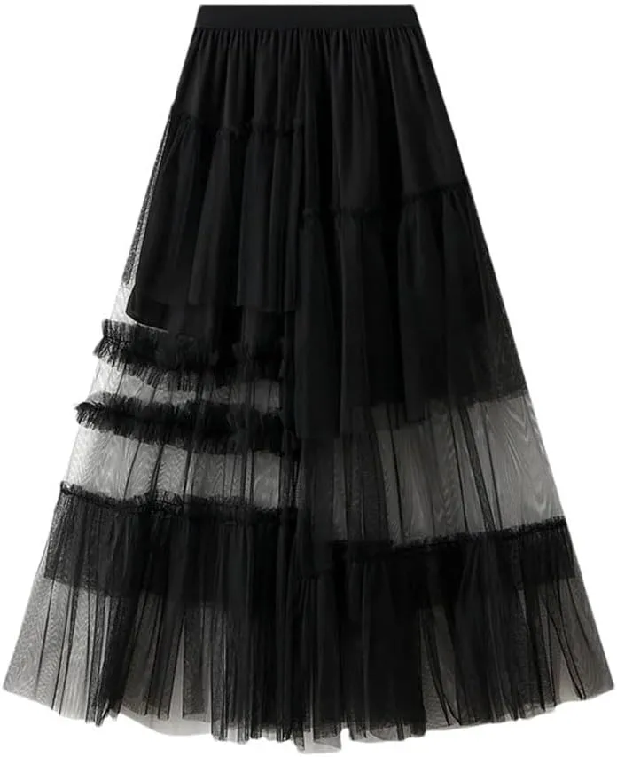 Women's Vintage Casual Midi Skirt Elastic High Waist Layered Pleate Mesh Flowy A-Line Party Skirts