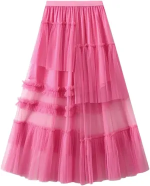 Women's Vintage Casual Midi Skirt Elastic High Waist Layered Pleate Mesh Flowy A-Line Party Skirts