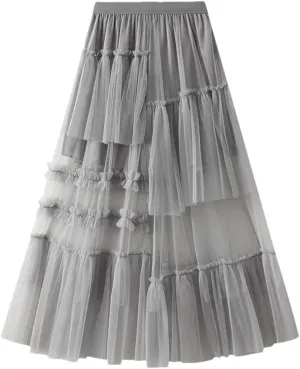 Women's Vintage Casual Midi Skirt Elastic High Waist Layered Pleate Mesh Flowy A-Line Party Skirts