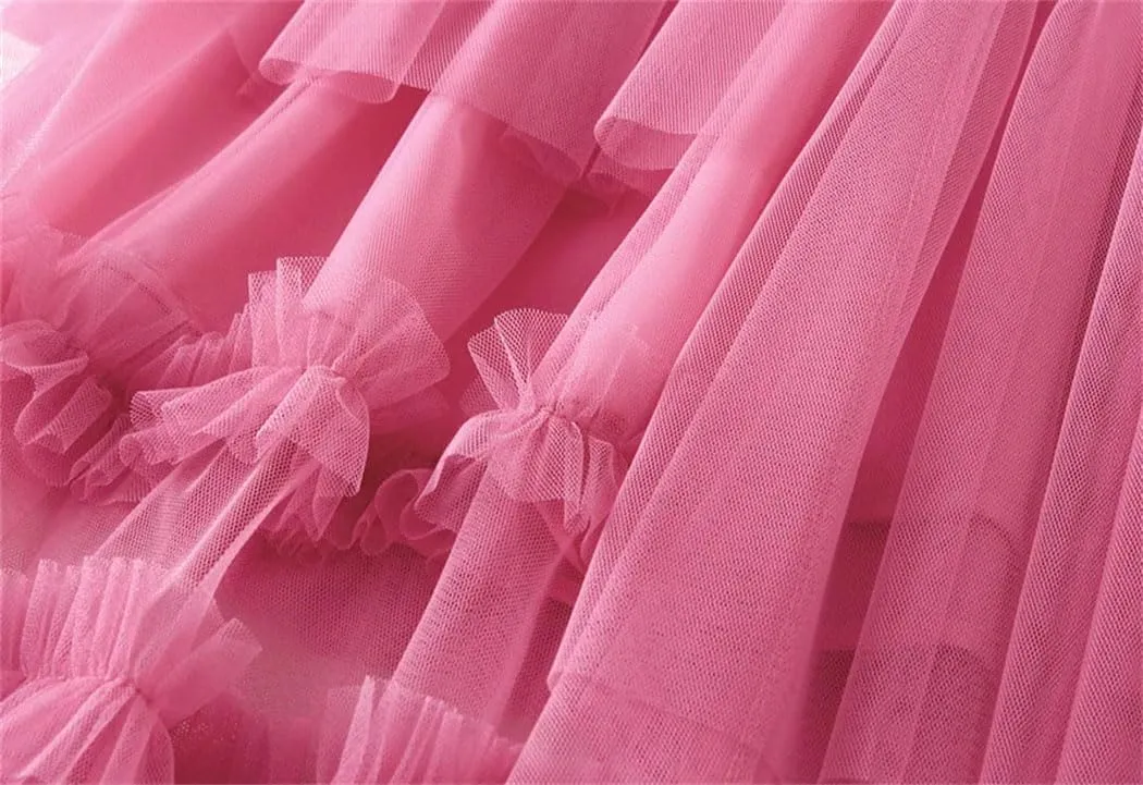Women's Vintage Casual Midi Skirt Elastic High Waist Layered Pleate Mesh Flowy A-Line Party Skirts