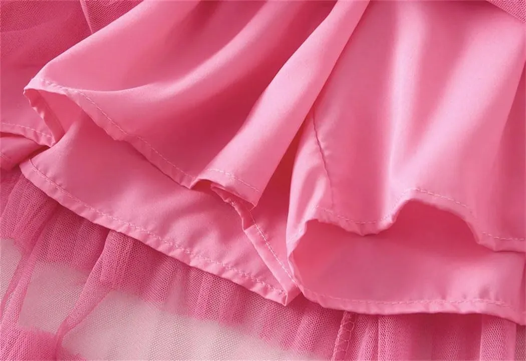 Women's Vintage Casual Midi Skirt Elastic High Waist Layered Pleate Mesh Flowy A-Line Party Skirts