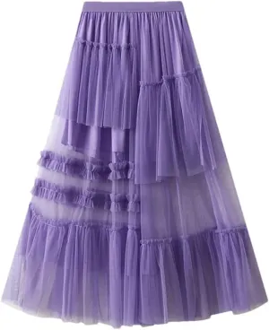 Women's Vintage Casual Midi Skirt Elastic High Waist Layered Pleate Mesh Flowy A-Line Party Skirts