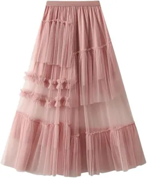 Women's Vintage Casual Midi Skirt Elastic High Waist Layered Pleate Mesh Flowy A-Line Party Skirts