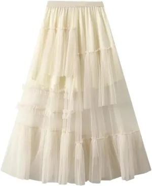 Women's Vintage Casual Midi Skirt Elastic High Waist Layered Pleate Mesh Flowy A-Line Party Skirts