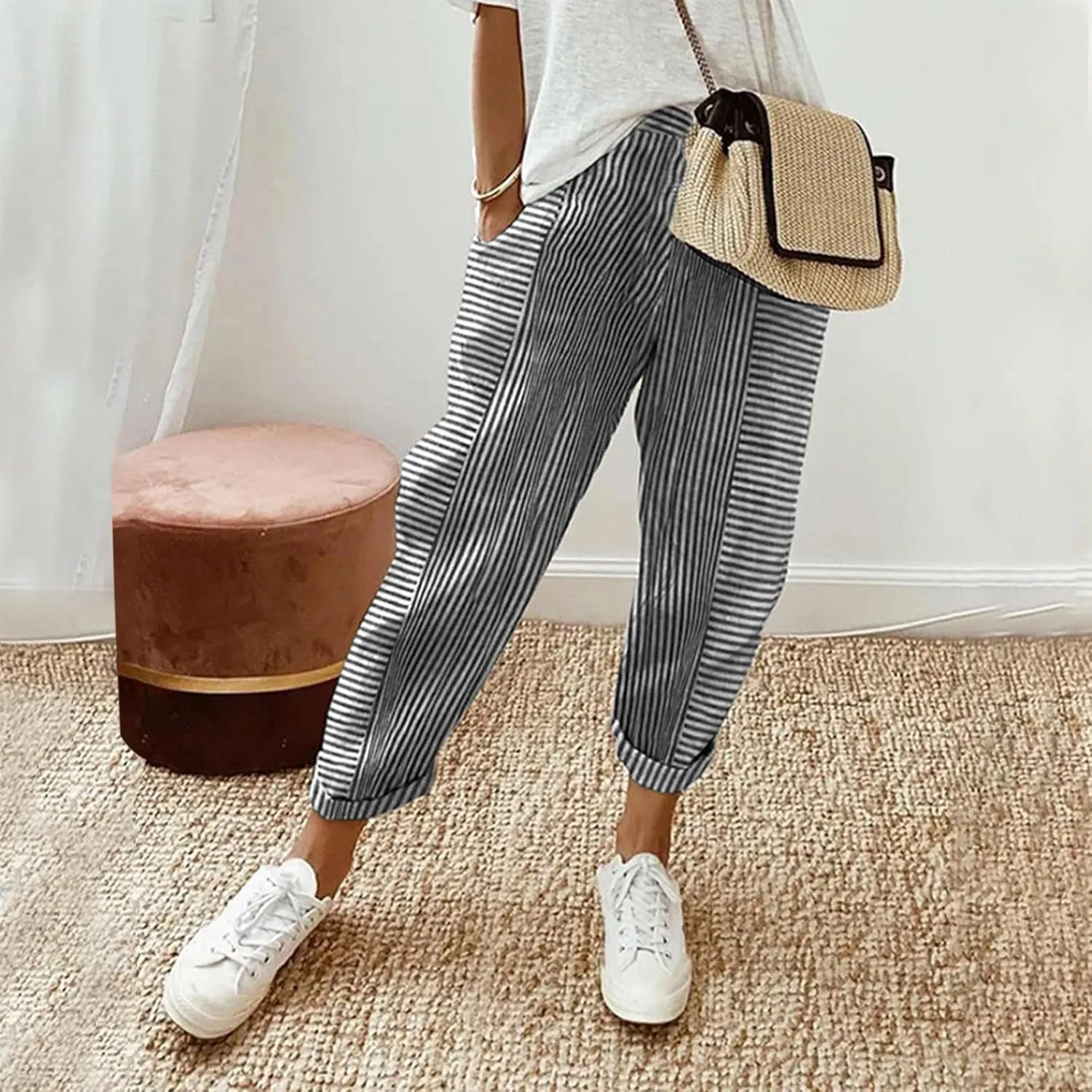 Women's Wide Leg Harem Pants Baggy Lounge Linen Elastic Waist Joggers Patchwork Straight Trousers with Pockets