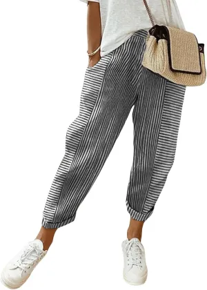 Women's Wide Leg Harem Pants Baggy Lounge Linen Elastic Waist Joggers Patchwork Straight Trousers with Pockets