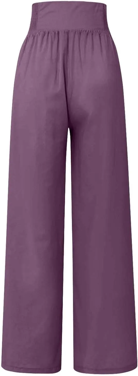 Womens Wide Leg Linen Pants High Waist Summer Casual Baggy Lounge Slacks Beach Boho Lightweight Trousers with Pockets