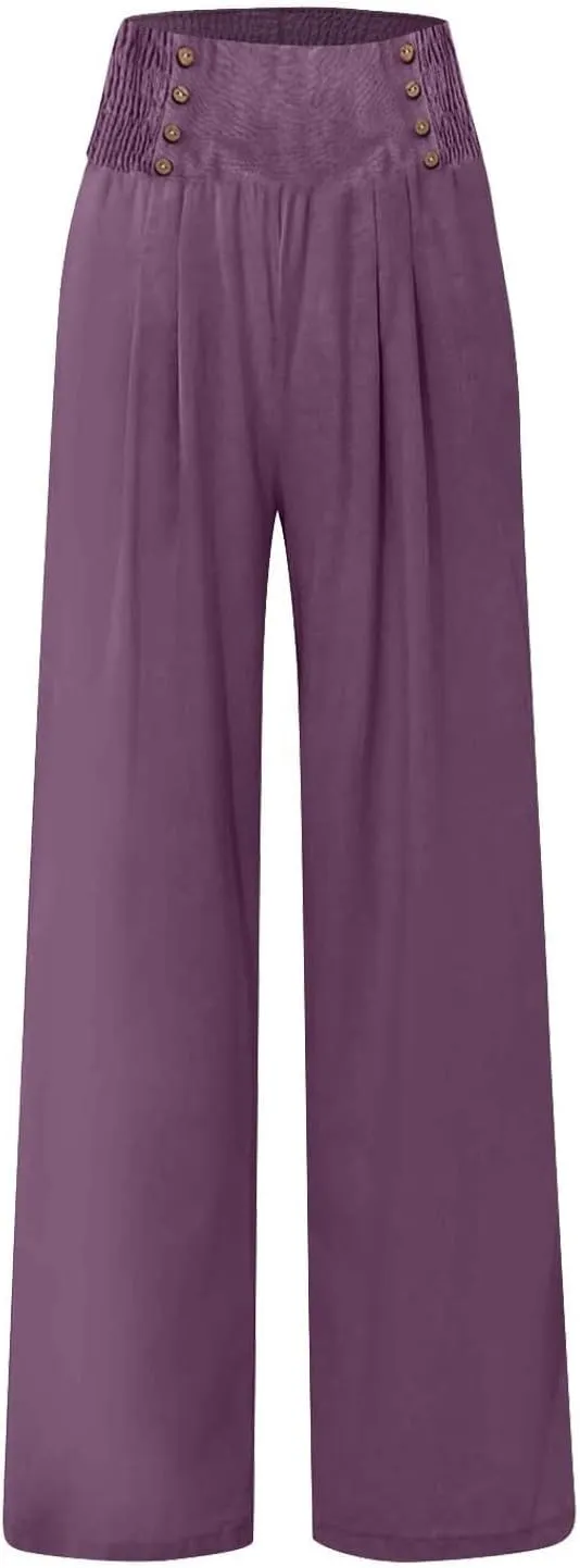 Womens Wide Leg Linen Pants High Waist Summer Casual Baggy Lounge Slacks Beach Boho Lightweight Trousers with Pockets