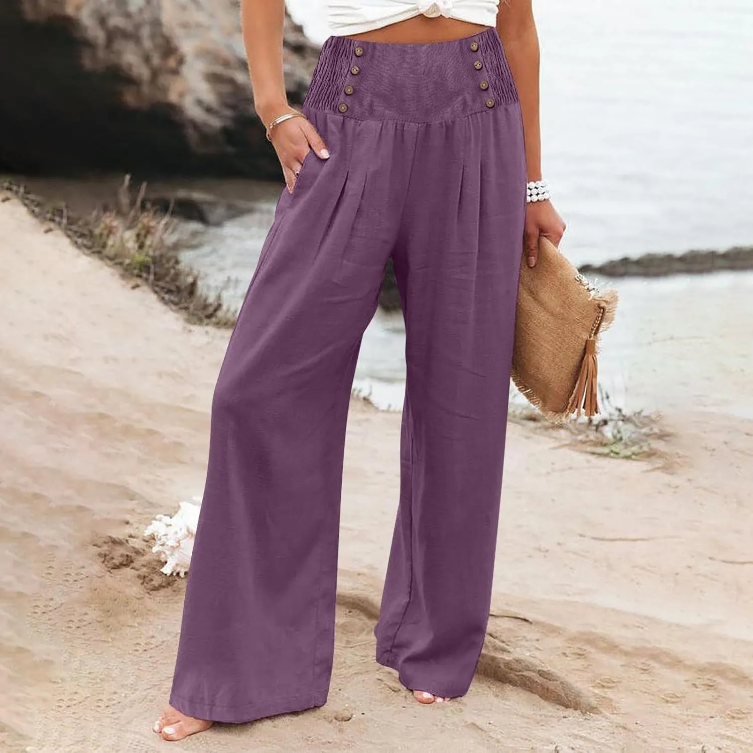 Womens Wide Leg Linen Pants High Waist Summer Casual Baggy Lounge Slacks Beach Boho Lightweight Trousers with Pockets