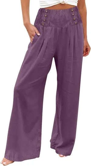 Womens Wide Leg Linen Pants High Waist Summer Casual Baggy Lounge Slacks Beach Boho Lightweight Trousers with Pockets