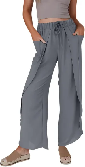 Womens Wide Leg Summer Pants Flowy Side Split Palazzo Beach Boho High Waisted Casual Lounge Trousers Plus Size