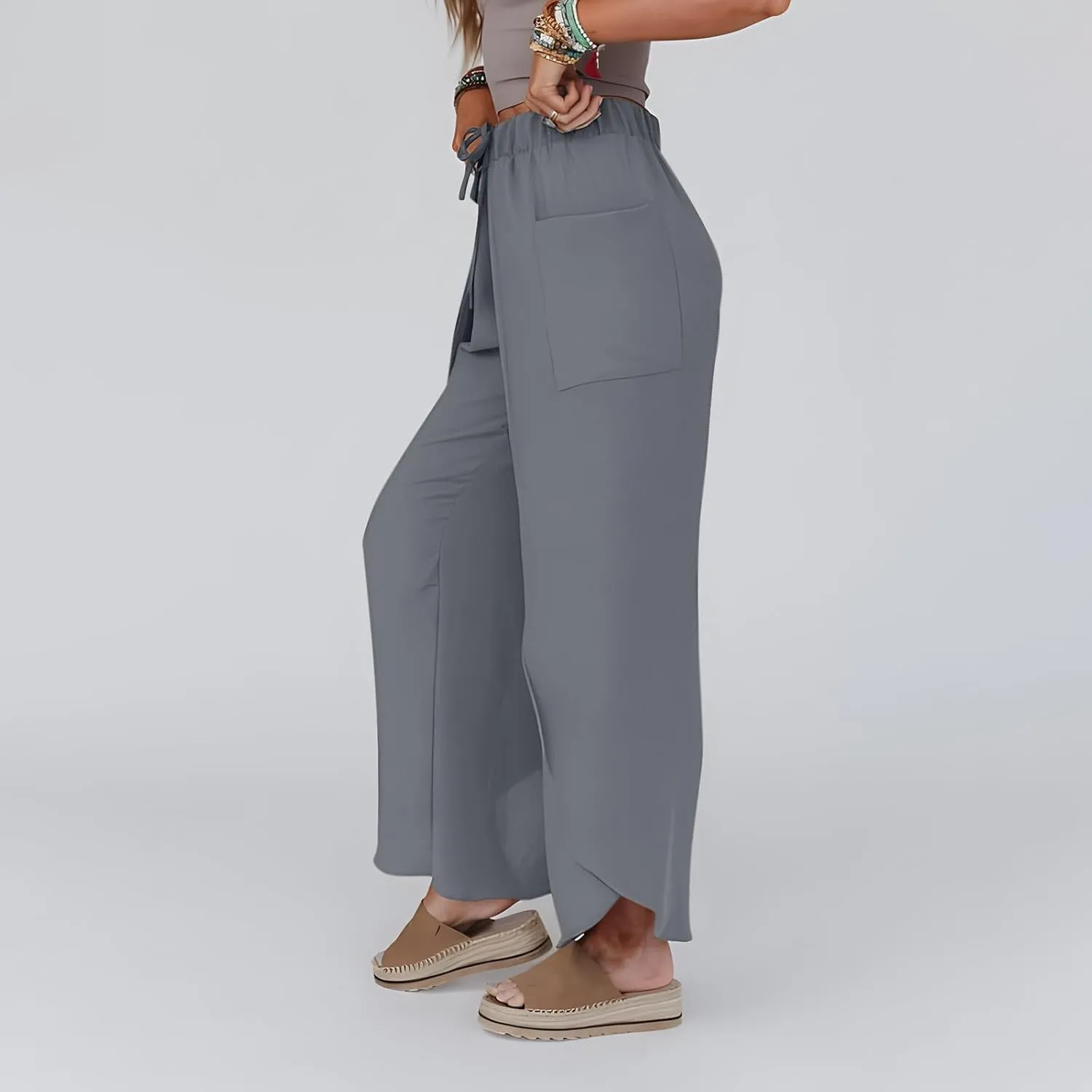 Womens Wide Leg Summer Pants Flowy Side Split Palazzo Beach Boho High Waisted Casual Lounge Trousers Plus Size