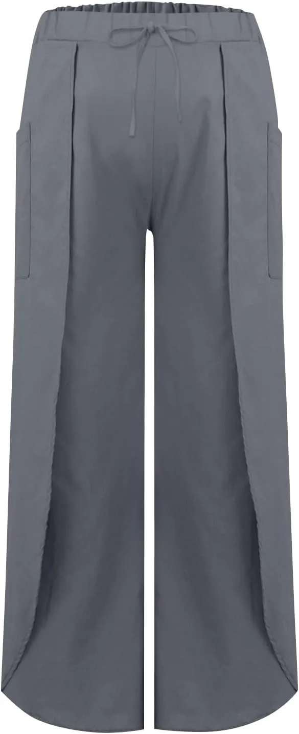 Womens Wide Leg Summer Pants Flowy Side Split Palazzo Beach Boho High Waisted Casual Lounge Trousers Plus Size