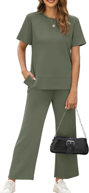 XIEERDUO Women's 2 Piece Lounge Set Fashion Travel Outfits Vacation Tracksuit Comfy Wide Leg Airport Loungewear S-3XL