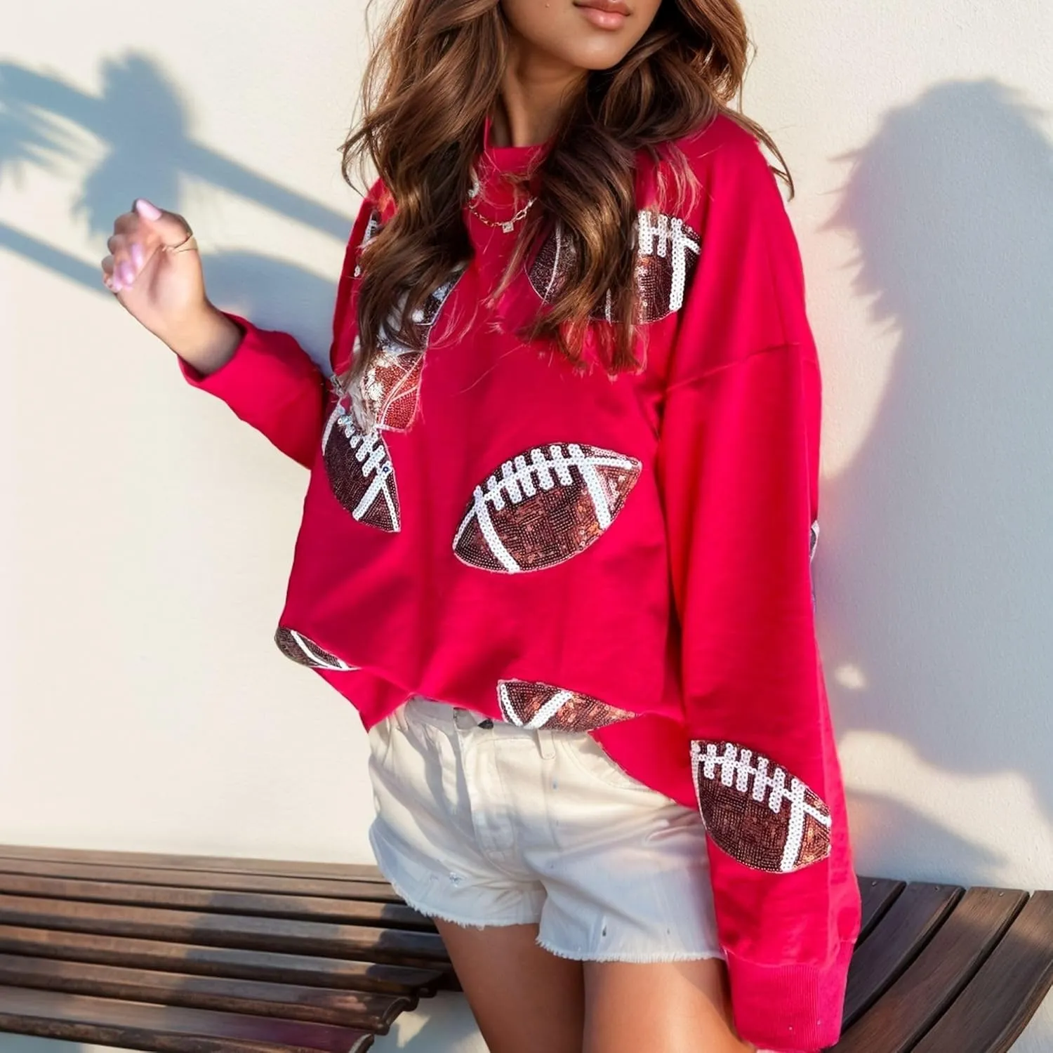Xunger Womens Football Print Sequin Sweatshirt Crewneck Oversized Long Sleeve Pullover Tops Gameday Sweatshirts