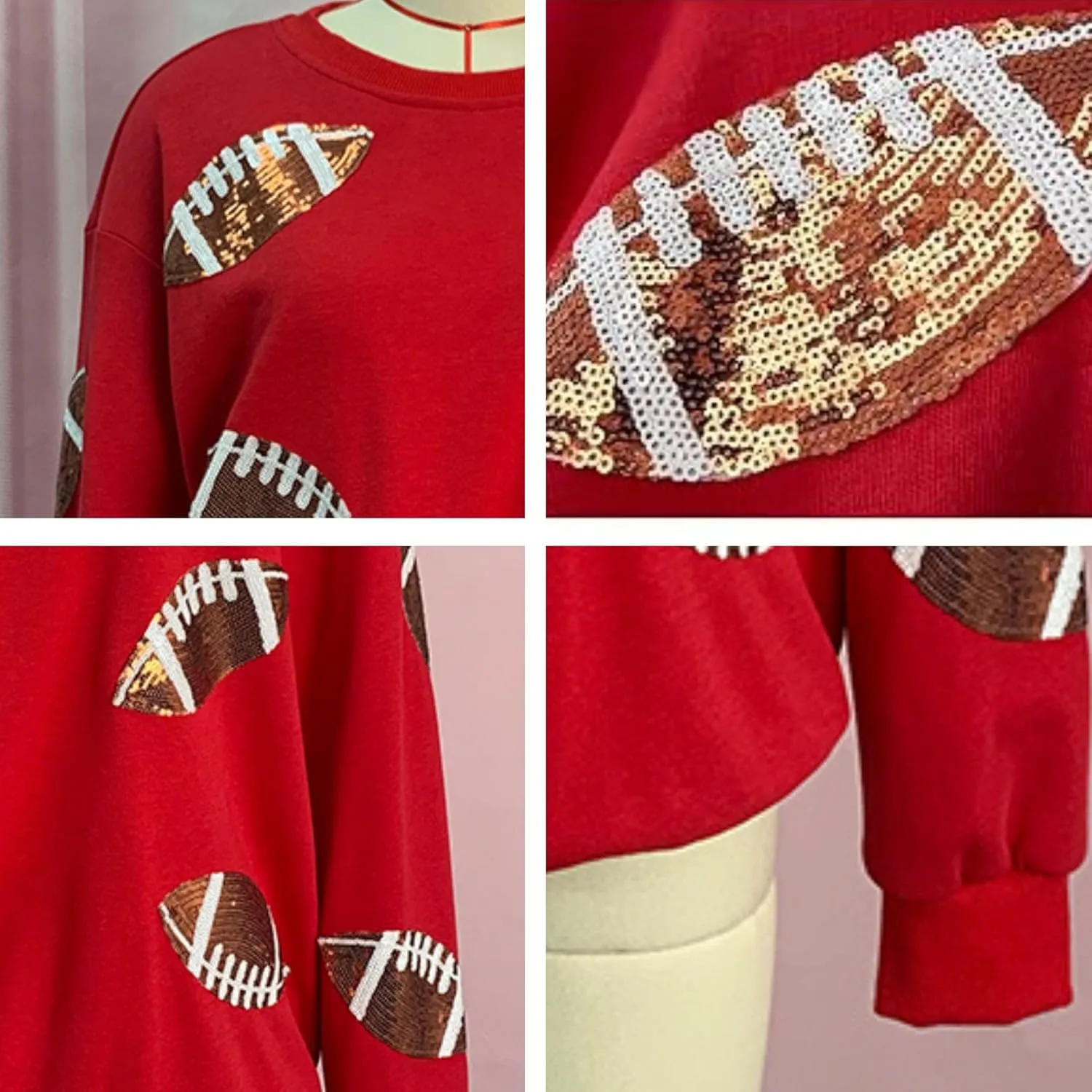 Xunger Womens Football Print Sequin Sweatshirt Crewneck Oversized Long Sleeve Pullover Tops Gameday Sweatshirts