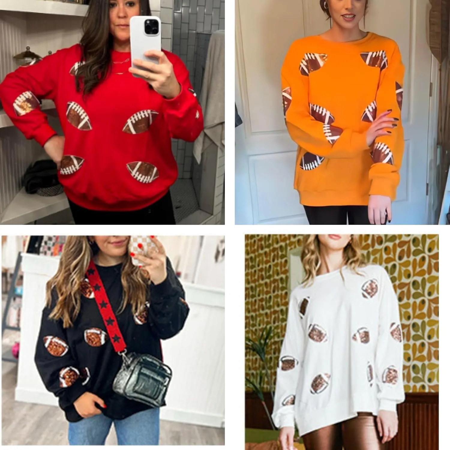 Xunger Womens Football Print Sequin Sweatshirt Crewneck Oversized Long Sleeve Pullover Tops Gameday Sweatshirts