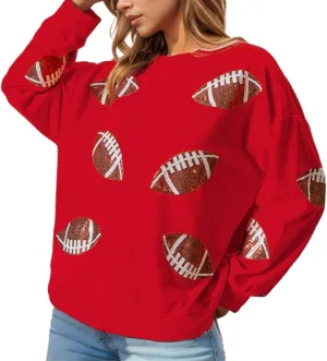 Xunger Womens Football Print Sequin Sweatshirt Crewneck Oversized Long Sleeve Pullover Tops Gameday Sweatshirts