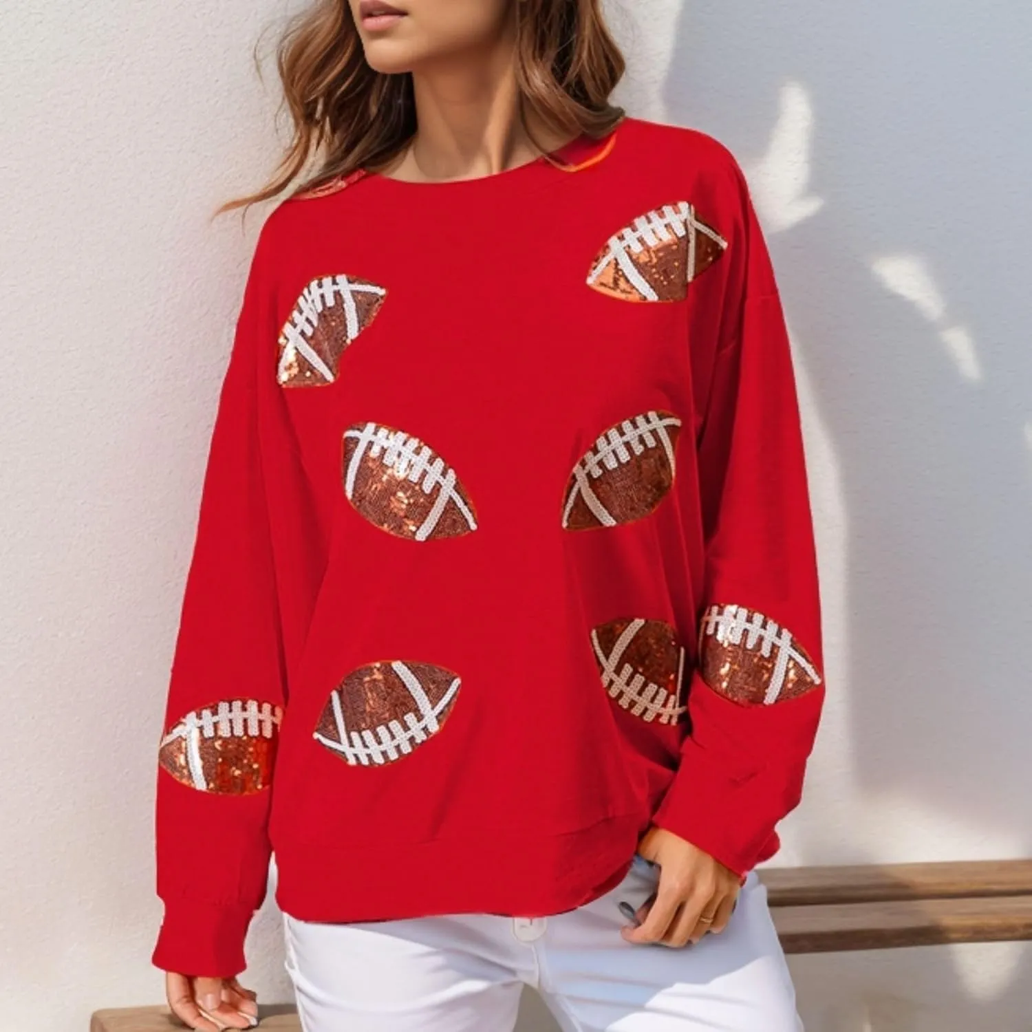 Xunger Womens Football Print Sequin Sweatshirt Crewneck Oversized Long Sleeve Pullover Tops Gameday Sweatshirts