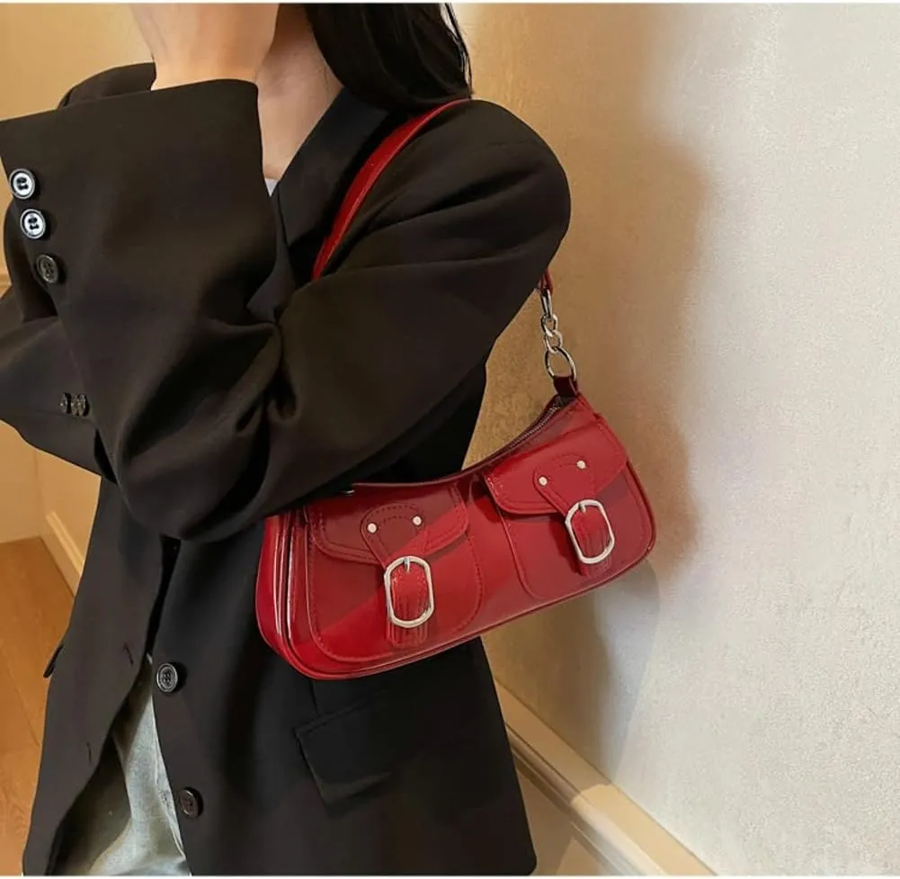 Y2k Hobo Bags Women 90s PU Leather Red Underarm Crescent Shoulder Bag Trendy Punk Crossbody Purse Slouchy Tote Handbag