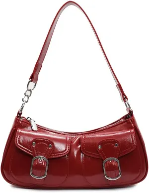 Y2k Hobo Bags Women 90s PU Leather Red Underarm Crescent Shoulder Bag Trendy Punk Crossbody Purse Slouchy Tote Handbag