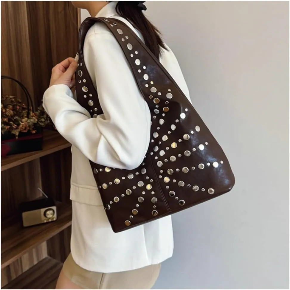 Y2k Studded Crescent Crossbody Purse Women 90s PU Leather Hobo Bags Trendy Shoulder Satchels Punk Underarm Tote Handbag