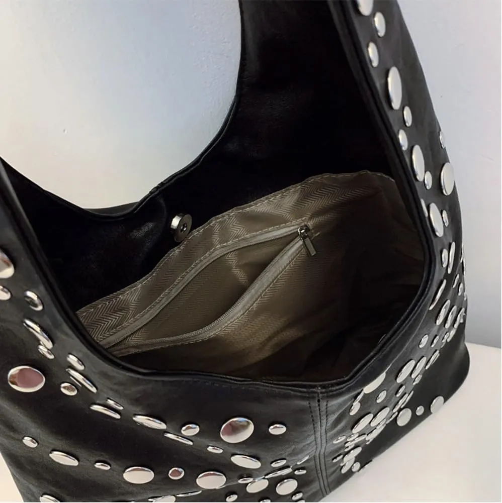 Y2k Studded Crescent Crossbody Purse Women 90s PU Leather Hobo Bags Trendy Shoulder Satchels Punk Underarm Tote Handbag