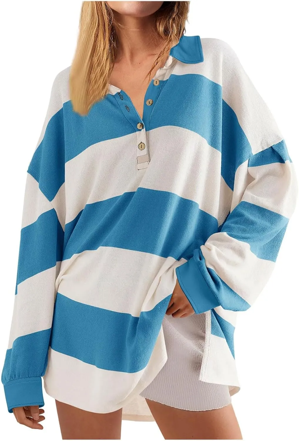 Y2K Tops for Women Fall 2024 Fashion Color Block Striped Polo Shirt Oversized Long Sleeve Button Up Blouse Pullover