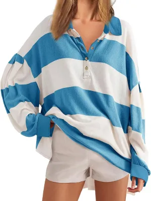 Y2K Tops for Women Fall 2024 Fashion Color Block Striped Polo Shirt Oversized Long Sleeve Button Up Blouse Pullover