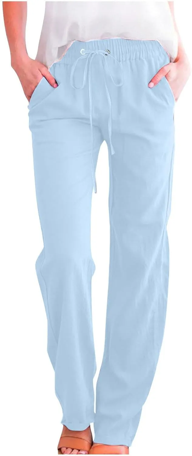 YRAETENM Cotton Linen Pants for Women Summer Loose Fit Elastic Waist Solid Lounge Trousers Casual Comfy Beach Travel Clothes
