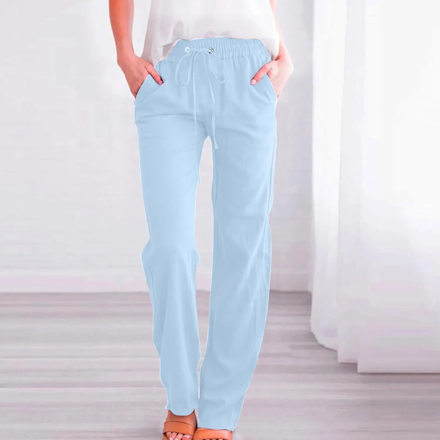 YRAETENM Cotton Linen Pants for Women Summer Loose Fit Elastic Waist Solid Lounge Trousers Casual Comfy Beach Travel Clothes