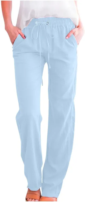 YRAETENM Cotton Linen Pants for Women Summer Loose Fit Elastic Waist Solid Lounge Trousers Casual Comfy Beach Travel Clothes
