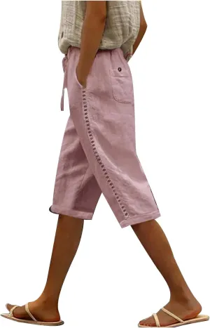 YRAETENM Linen Pants for Women Summer High Waisted Drawstring Lounge Pants Casual Loose Side Hollow Out Trousers with Pockets