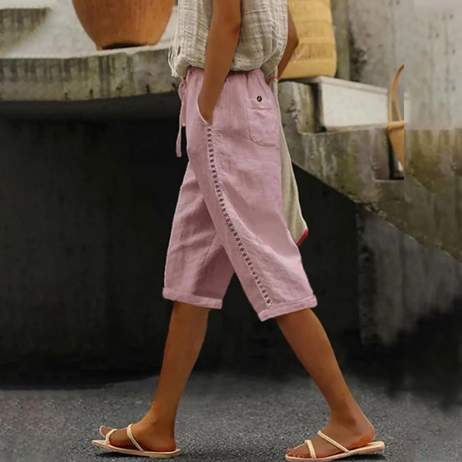 YRAETENM Linen Pants for Women Summer High Waisted Drawstring Lounge Pants Casual Loose Side Hollow Out Trousers with Pockets