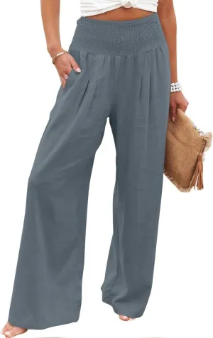 ZDRZK Women Linen Palazzo Pants Summer 2023 Boho Wide Leg High Waist Casual Flowy Lounge Pant Trousers with Pocket