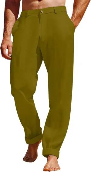 ZYXTIM Cotton Linen Trousers for Men Flat Front Lightweight Casual Work Pants Quick Dry Summer Beach Yoga Pants with Pockets