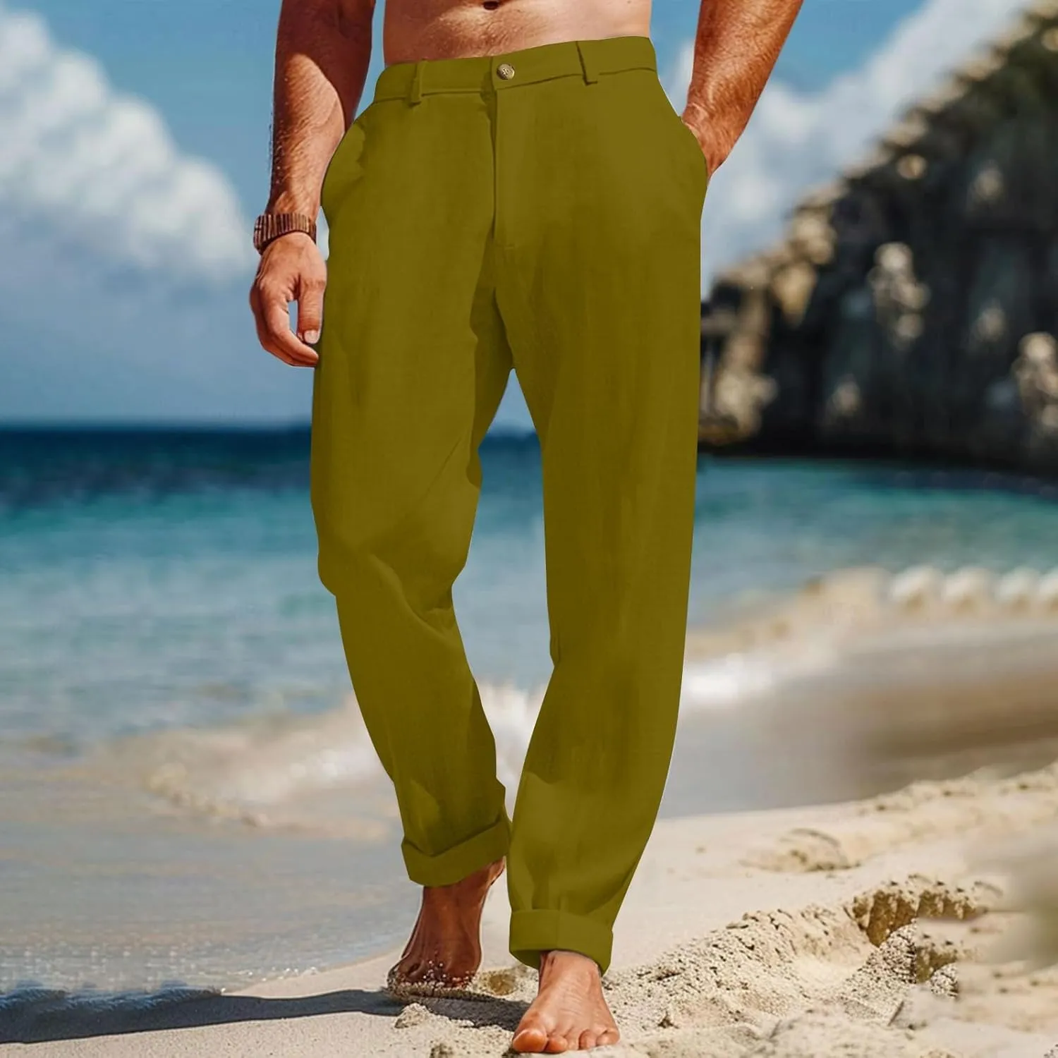 ZYXTIM Cotton Linen Trousers for Men Flat Front Lightweight Casual Work Pants Quick Dry Summer Beach Yoga Pants with Pockets